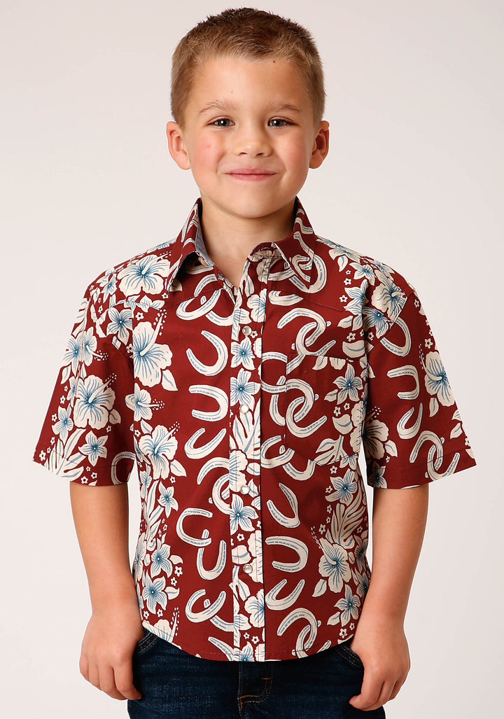 BOYS SHORT SLEEVE SNAP HAWAIIAN HORSESHOES PRINT WESTERN SHIRT