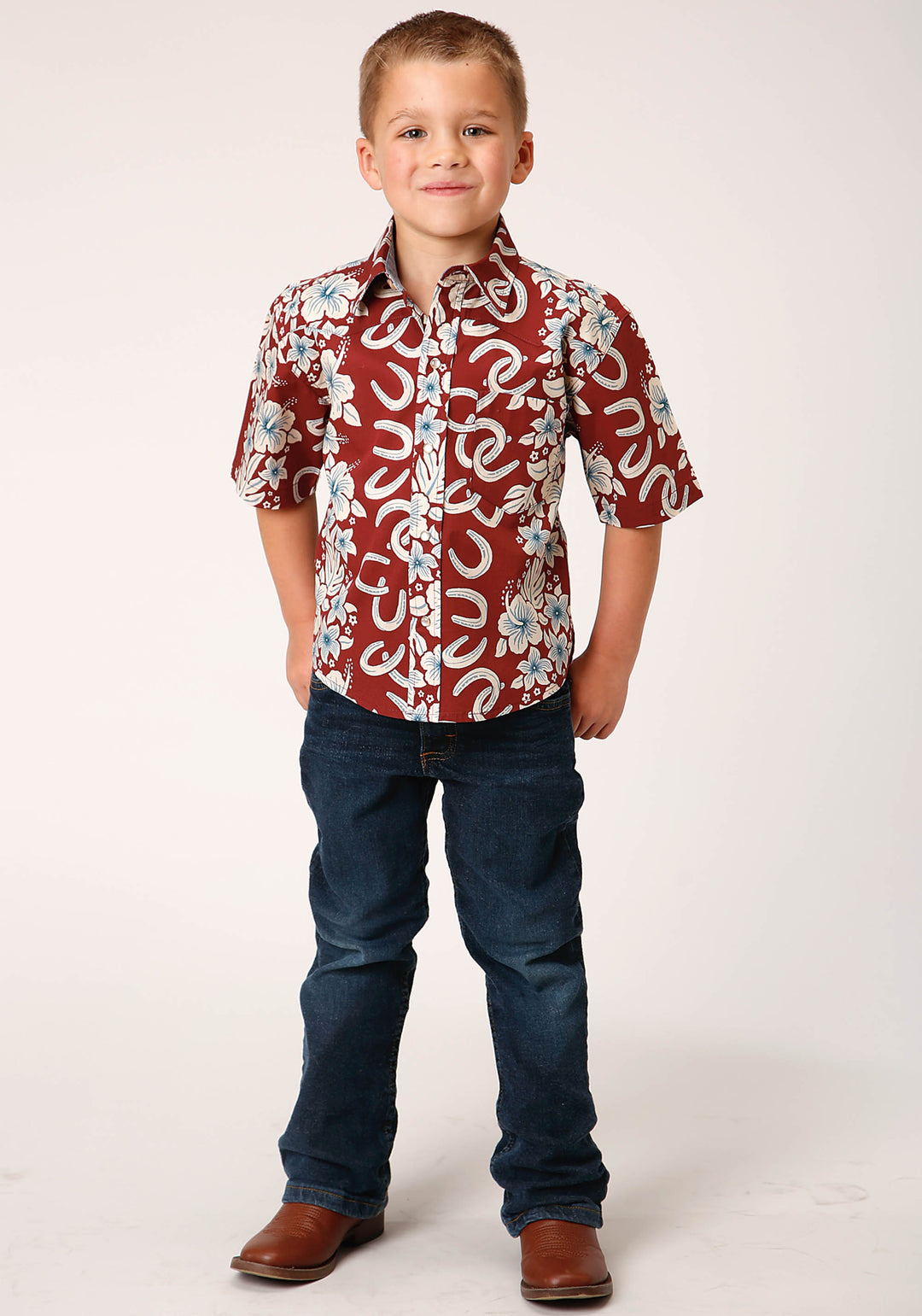 BOYS SHORT SLEEVE SNAP HAWAIIAN HORSESHOES PRINT WESTERN SHIRT