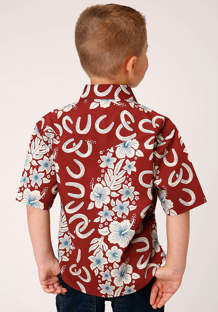 BOYS SHORT SLEEVE SNAP HAWAIIAN HORSESHOES PRINT WESTERN SHIRT