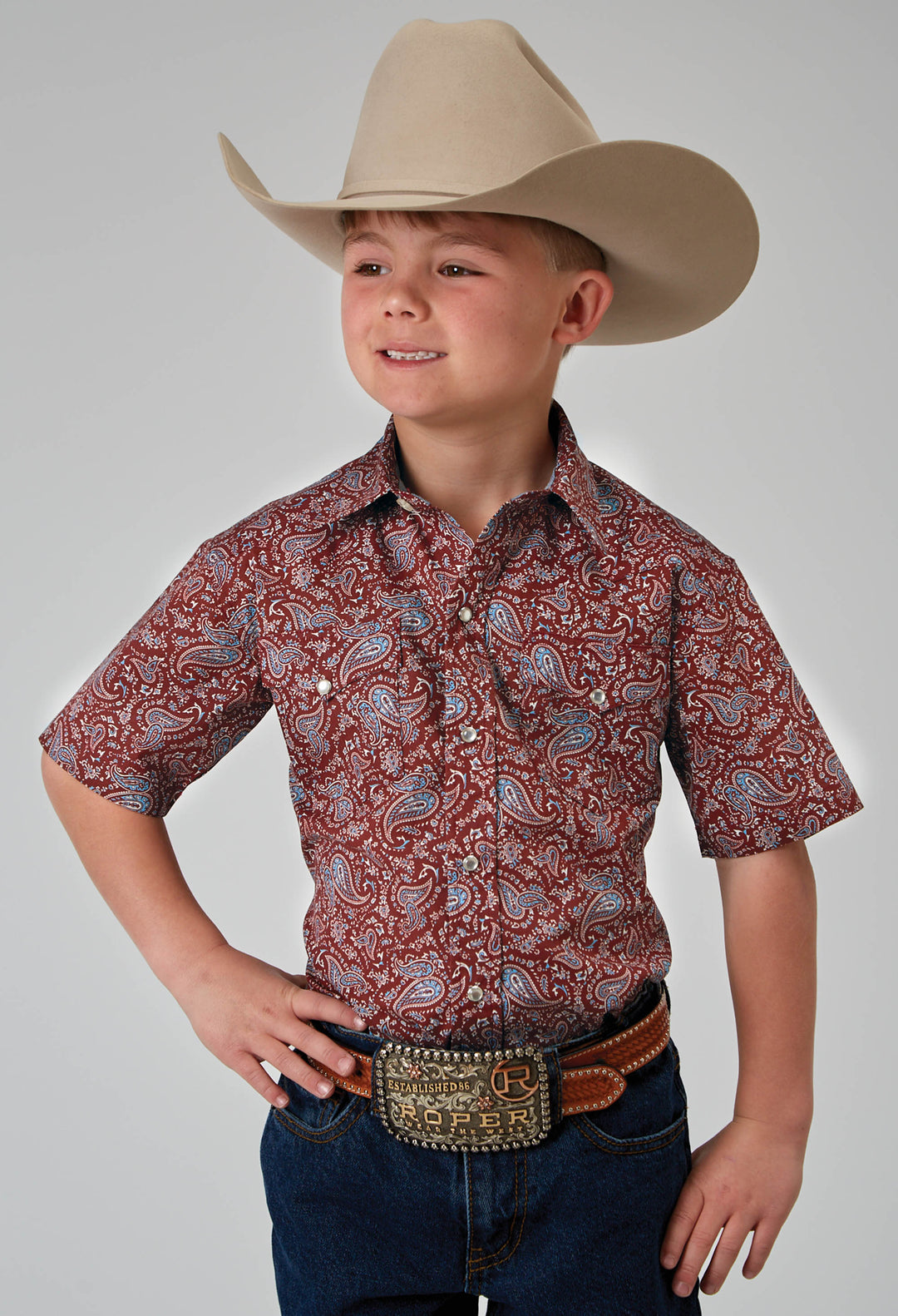 Roper Boys Short Sleeve Snap Vintage Paisley Print Western Shirt XS Roper Boys Short Sleeve Snap Vintage Paisley Print Western Shirt XS