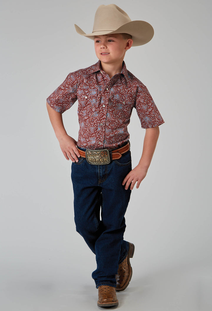 BOYS SHORT SLEEVE SNAP VINTAGE PAISLEY PRINT WESTERN SHIRT