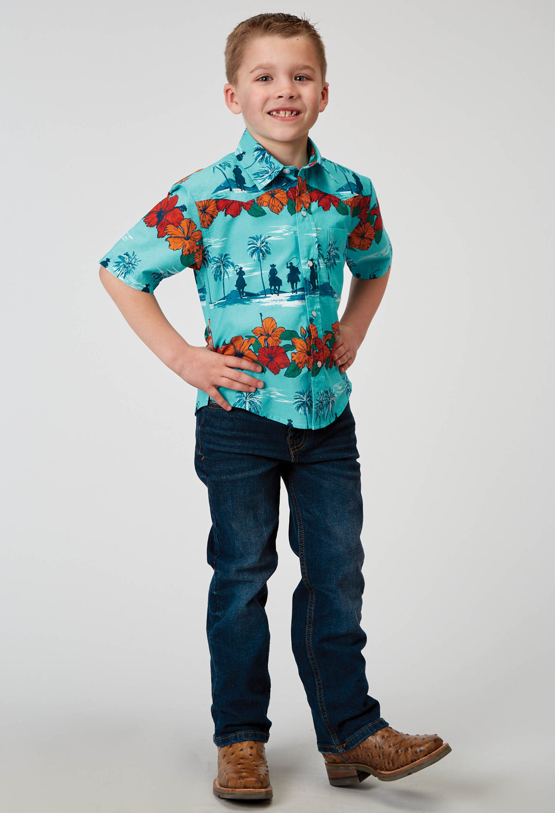 BOYS SHORT SLEEVE SNAP HAWAIIAN PRINT WESTERN SHIRT