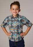 BOYS SHORT SLEEVE SNAP DISTRESSED TROPICAL PRINT WESTERN SHIRT