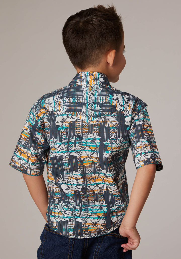 BOYS SHORT SLEEVE SNAP DISTRESSED TROPICAL PRINT WESTERN SHIRT