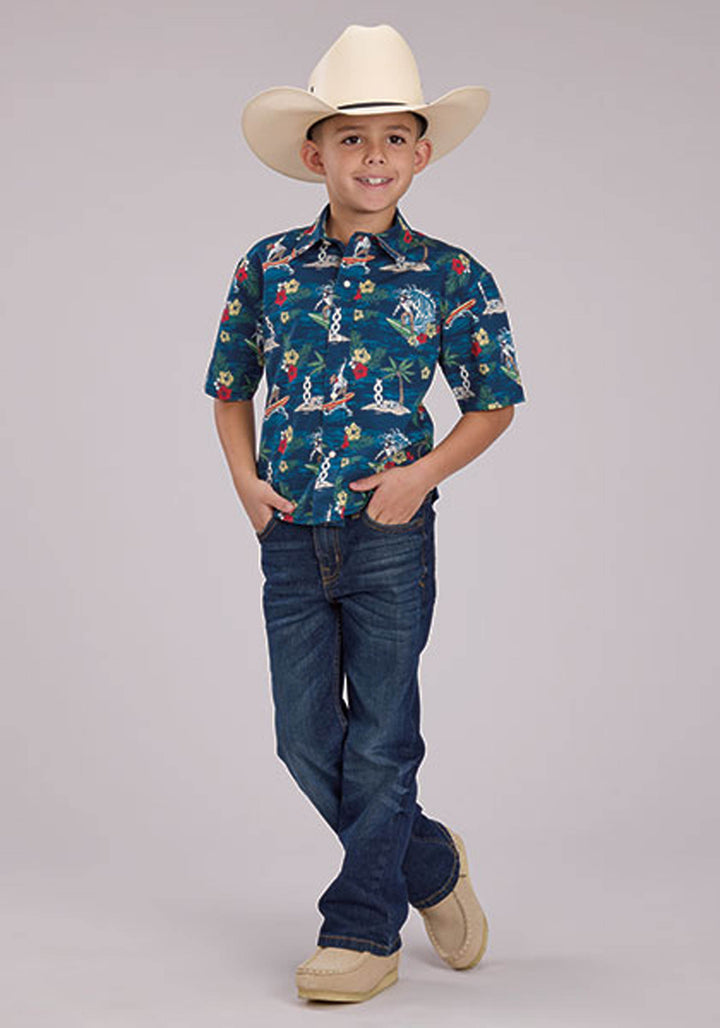 BOYS PANLOLOS PRINT SHORT SLEEVE SNAP WESTERN SHIRT