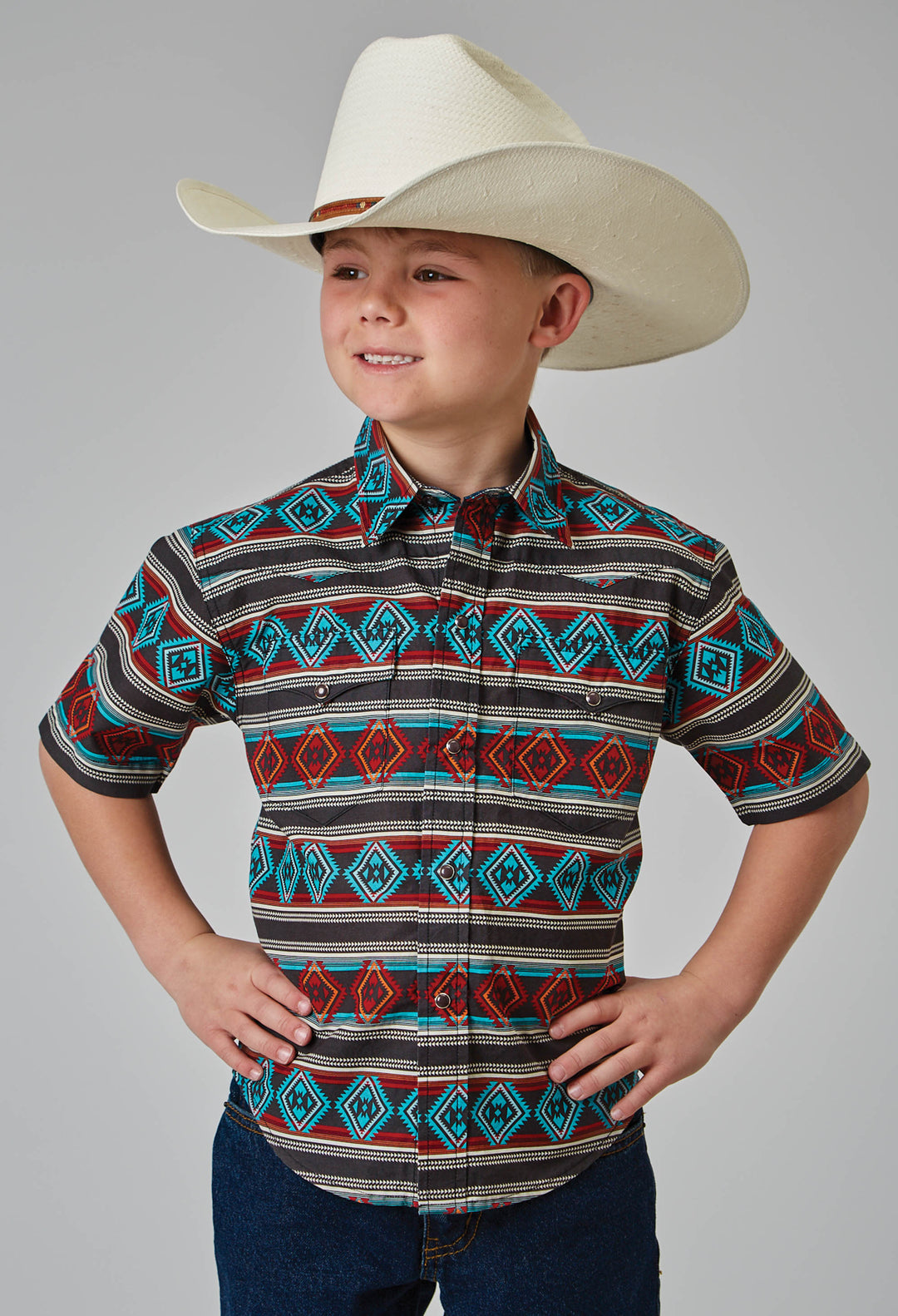 BOYS SHORT SLEEVE SNAP AZTEC STRIPE PRINT WESTERN SHIRT
