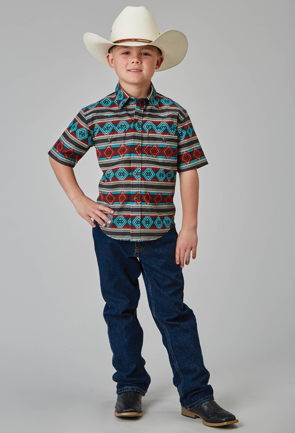 BOYS SHORT SLEEVE SNAP AZTEC STRIPE PRINT WESTERN SHIRT