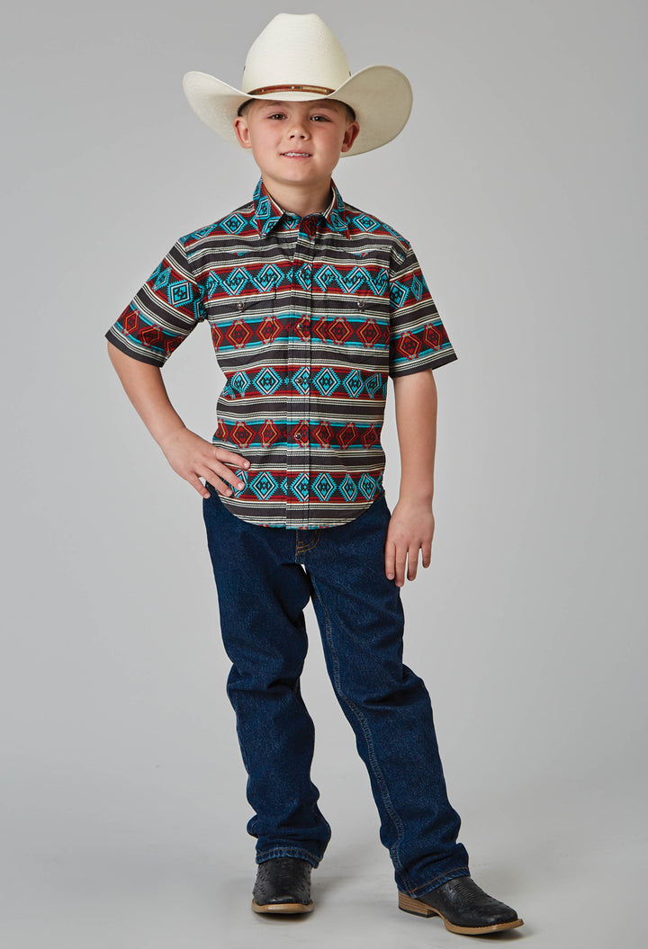 BOYS SHORT SLEEVE SNAP AZTEC STRIPE PRINT WESTERN SHIRT