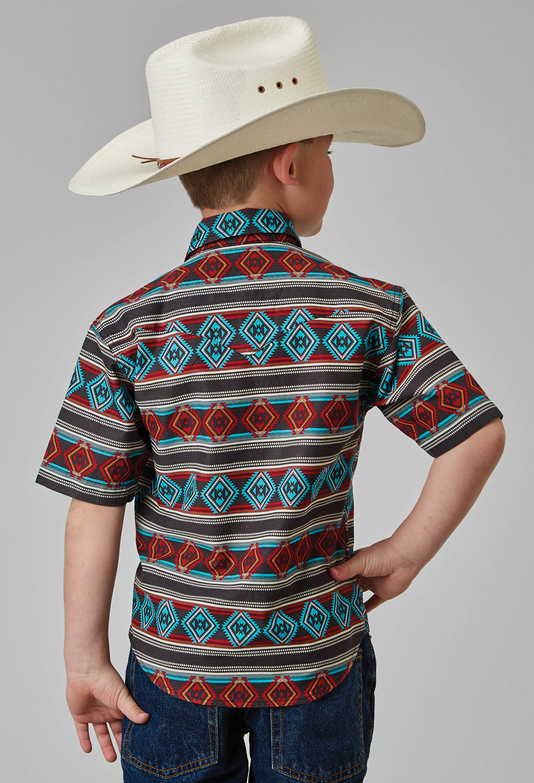 BOYS SHORT SLEEVE SNAP AZTEC STRIPE PRINT WESTERN SHIRT