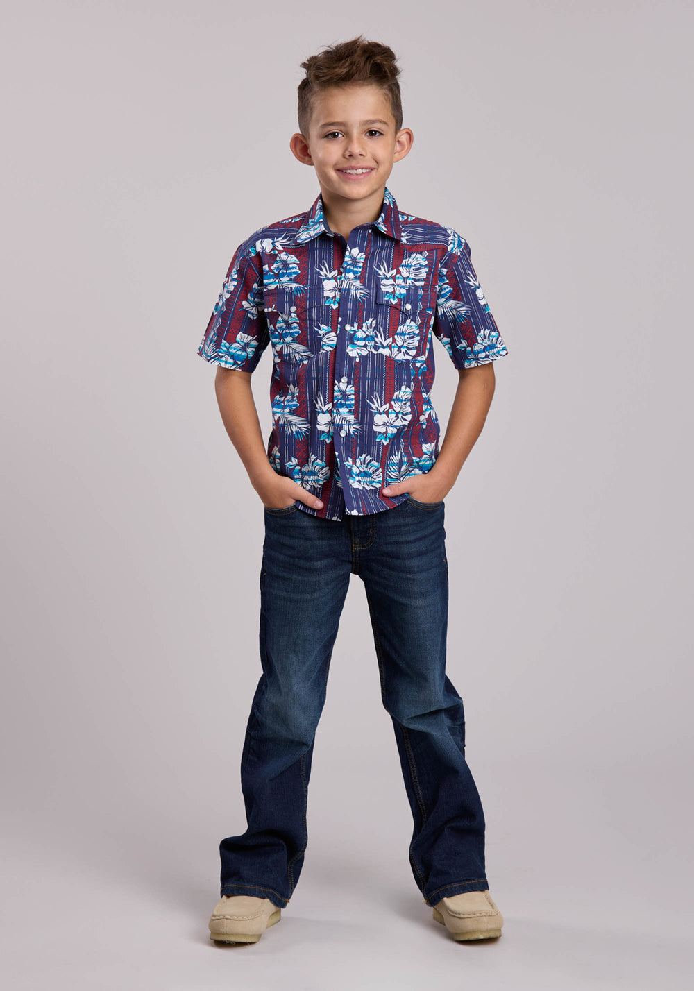 BOYS ROPER DISTRESSED TROPICAL AZTEC PRINT SHORT SLEEVE SNAP SHIRT