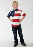 BOYS RED WHITE AND BLUE STARS AND STRIPES PIECED AMERICAN FLAG SHOPRT SLEEVE WESTERN SNAP SHIRT