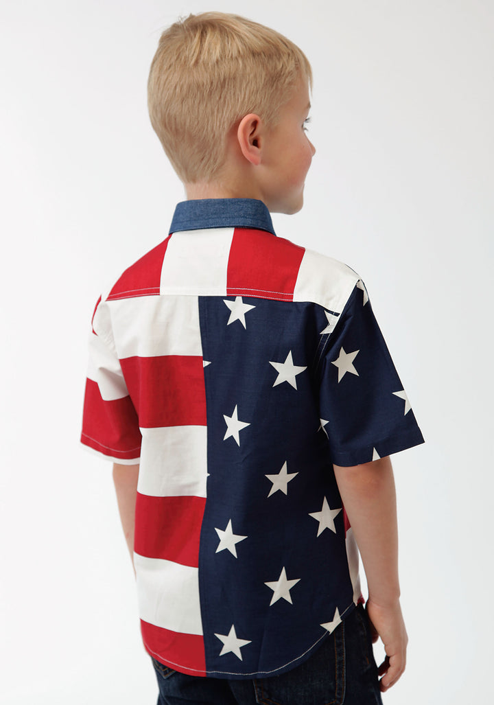 BOYS RED WHITE AND BLUE STARS AND STRIPES PIECED AMERICAN FLAG SHOPRT SLEEVE WESTERN SNAP SHIRT