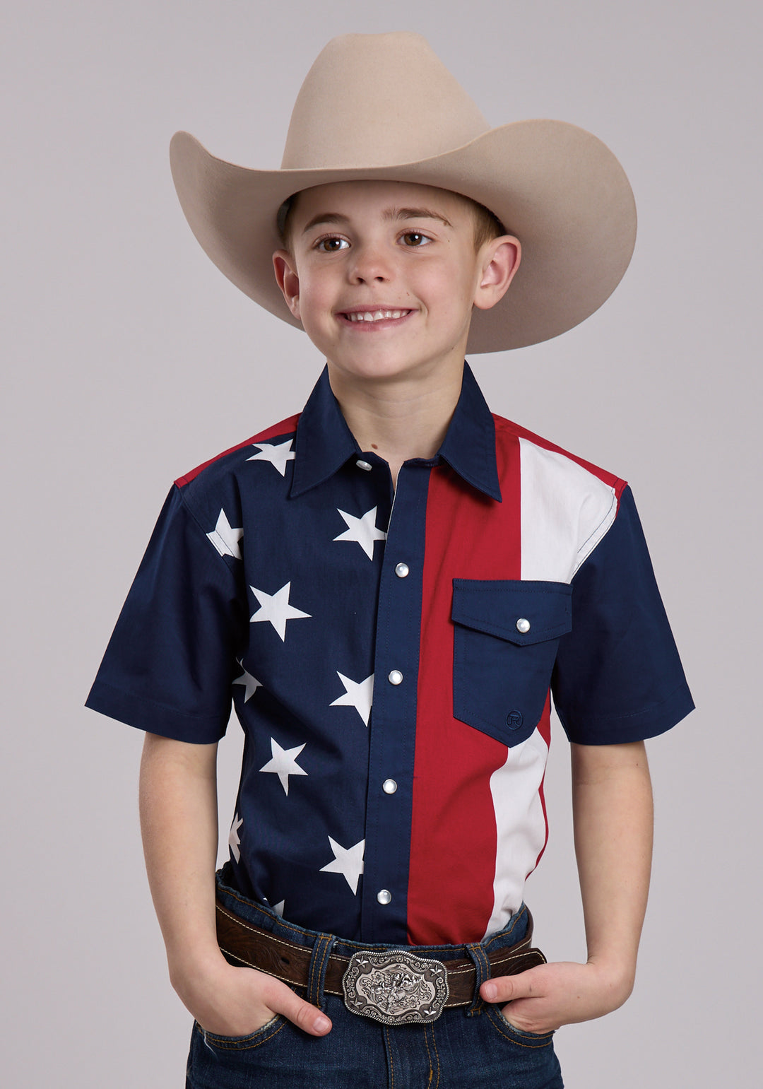BOYS ROPER VERTICAL STARS AND STRIPE PRINT WESTERN SNAP SHIRT