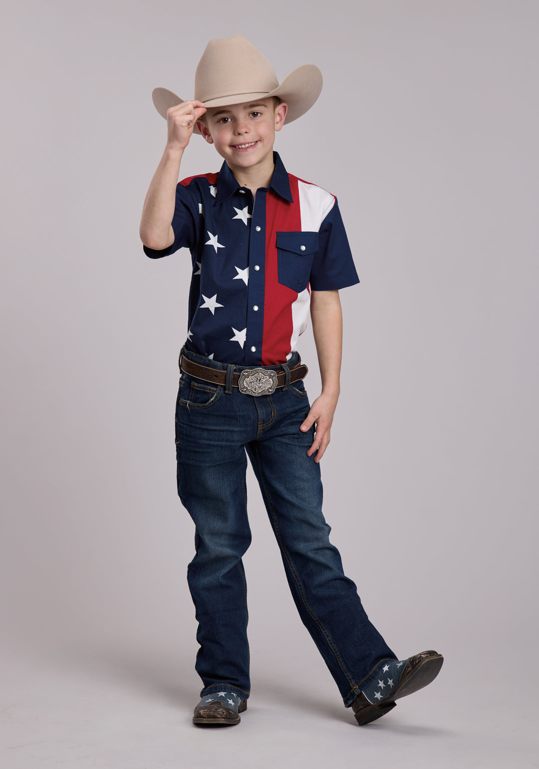 BOYS ROPER VERTICAL STARS AND STRIPE PRINT WESTERN SNAP SHIRT