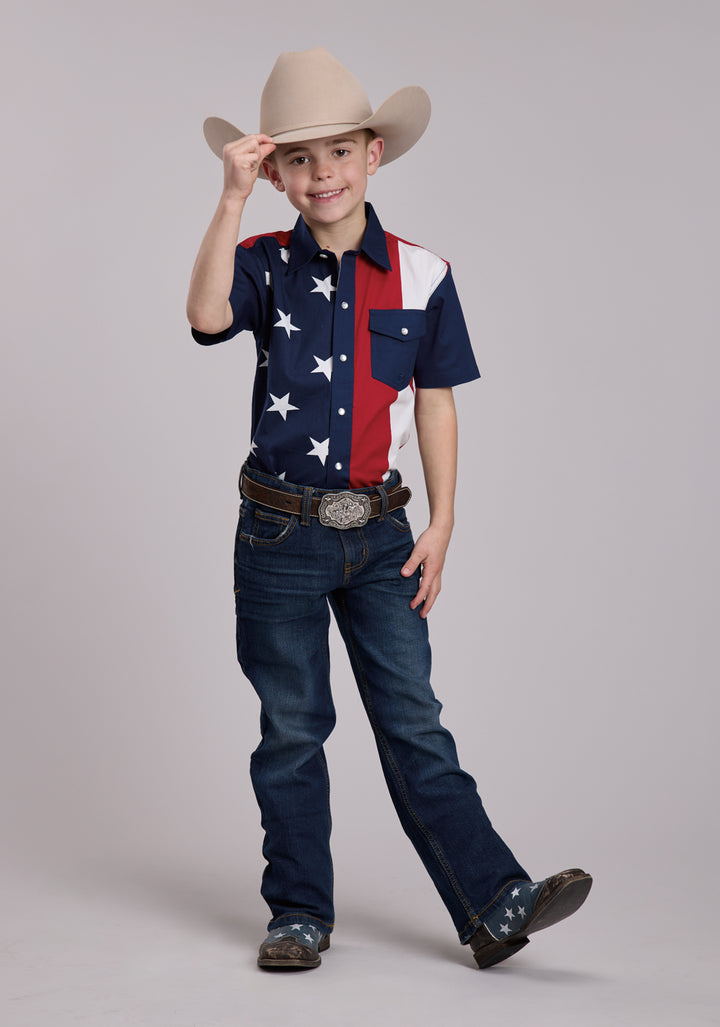 BOYS ROPER VERTICAL STARS AND STRIPE PRINT WESTERN SNAP SHIRT