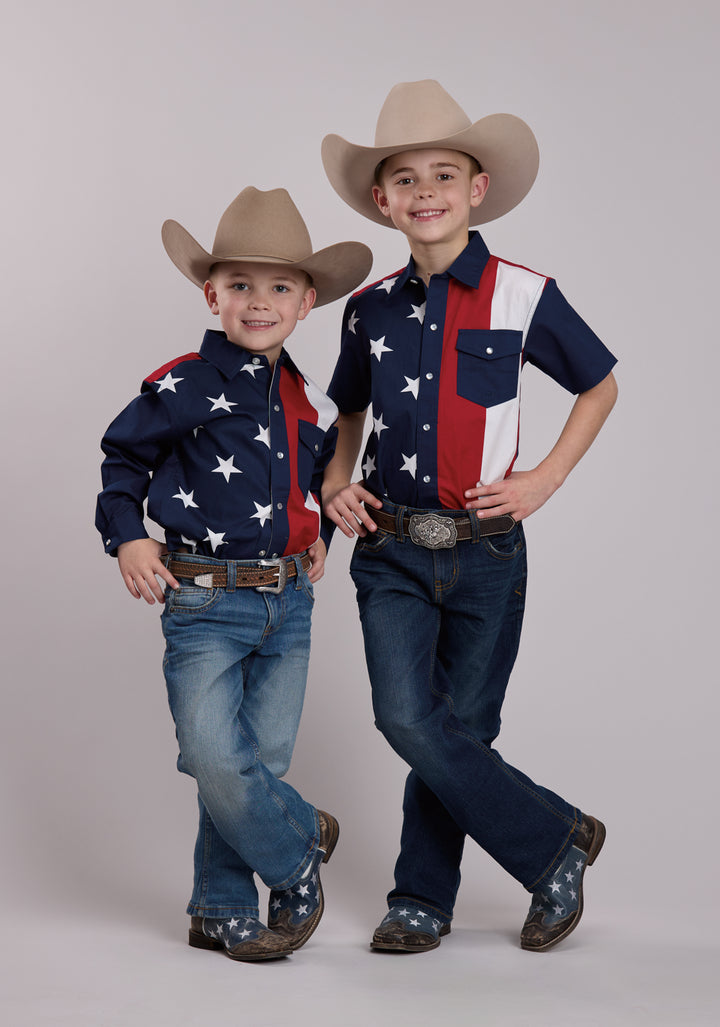 BOYS ROPER VERTICAL STARS AND STRIPE PRINT WESTERN SNAP SHIRT