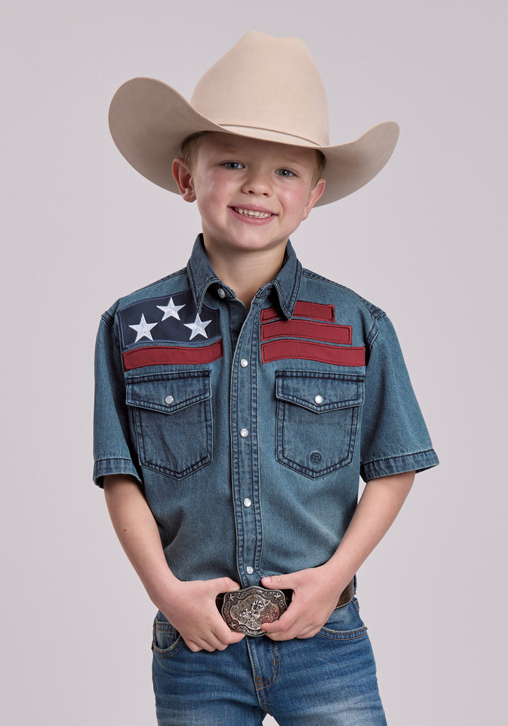 Boys Roper Medium Blue Denim Short Sleeve Snap Shirt