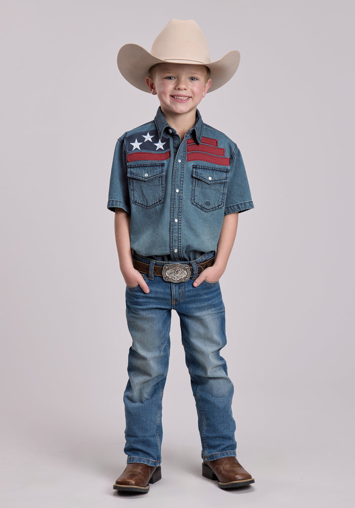 Boys Roper Medium Blue Denim Short Sleeve Snap Shirt