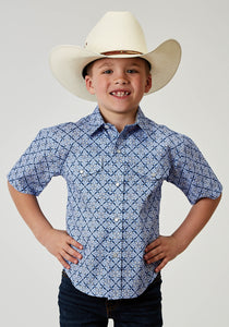 BOYS SHORT SLEEVE SNAP BLUE SKIES TIE PRINT WESTERN SHIRT