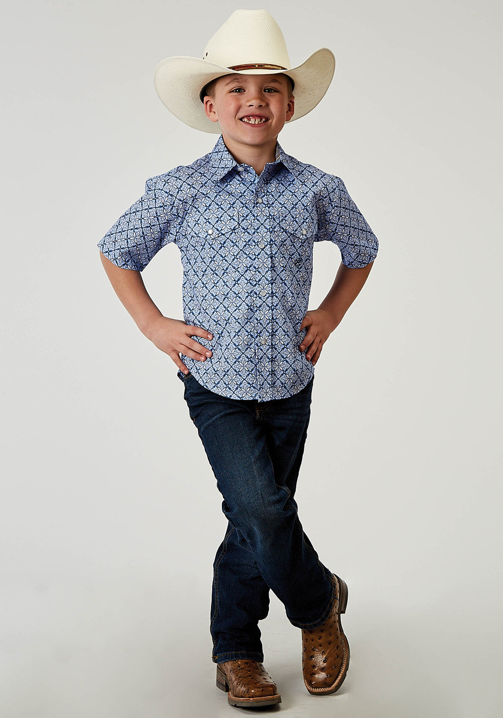 BOYS SHORT SLEEVE SNAP BLUE SKIES TIE PRINT WESTERN SHIRT