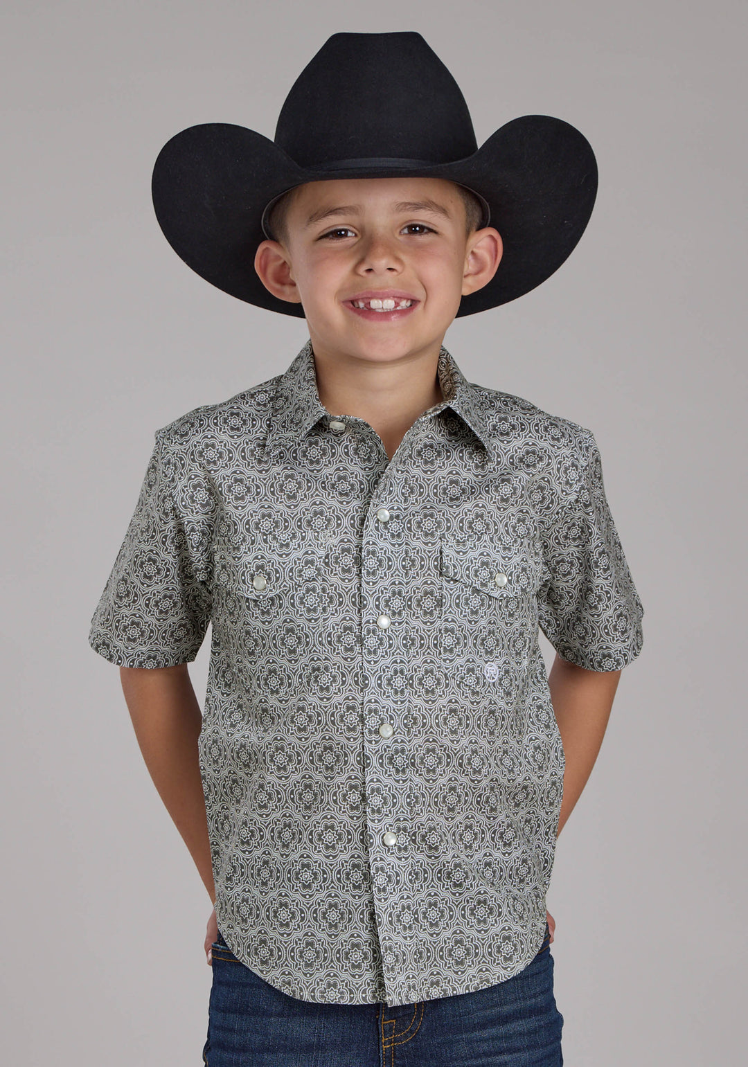 BOYS STRETCH MEDALLION PAISLEY - GRAY SHORT SLEEVE SNAP WESTERN SHIRT