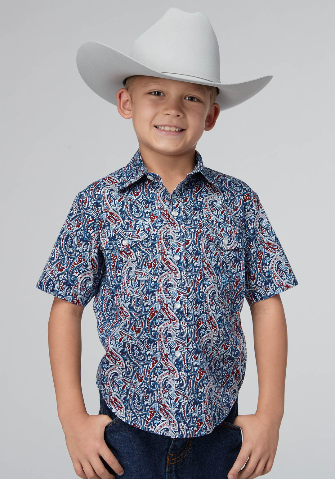 BOYS BLUE RIVER PAISLEY SHORT SLEEVE SNAP WESTERN SHIRT