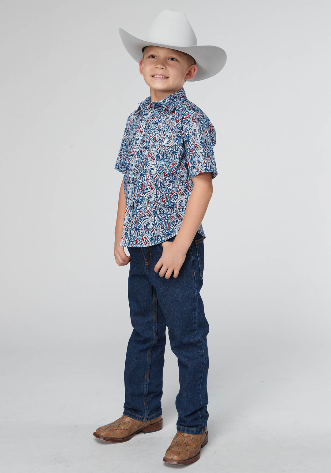 BOYS BLUE RIVER PAISLEY SHORT SLEEVE SNAP WESTERN SHIRT