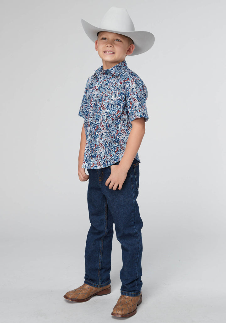 BOYS BLUE RIVER PAISLEY SHORT SLEEVE SNAP WESTERN SHIRT