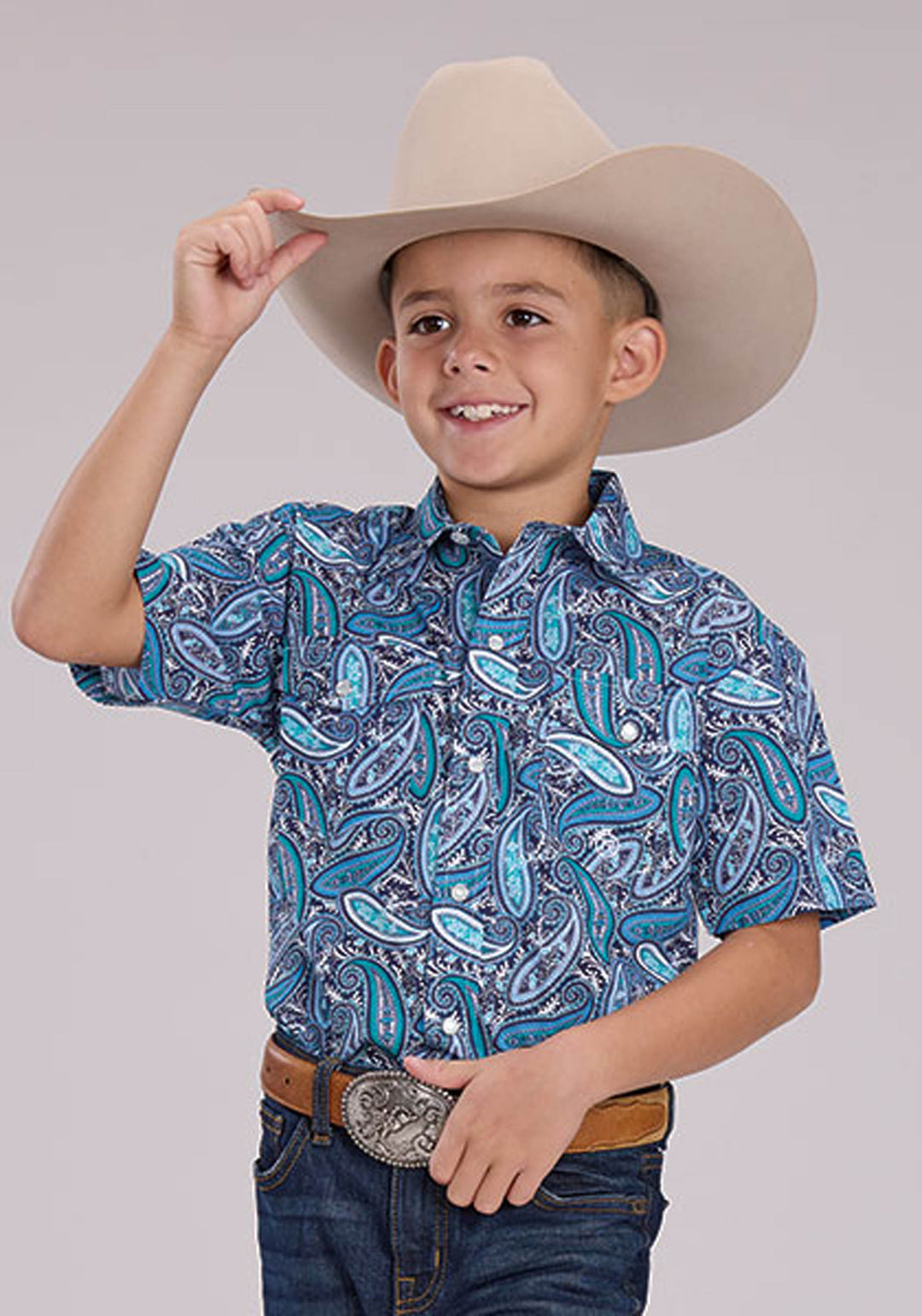 BOYS BLUE SKY PAISLEY SHORT SLEEVE SNAP WESTERN SHIRT