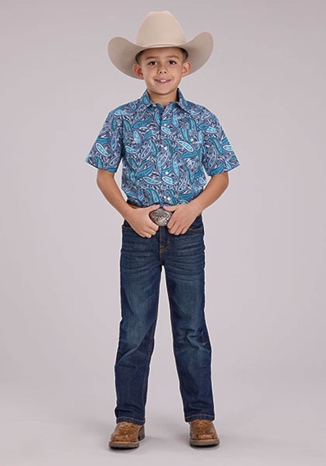 BOYS BLUE SKY PAISLEY SHORT SLEEVE SNAP WESTERN SHIRT