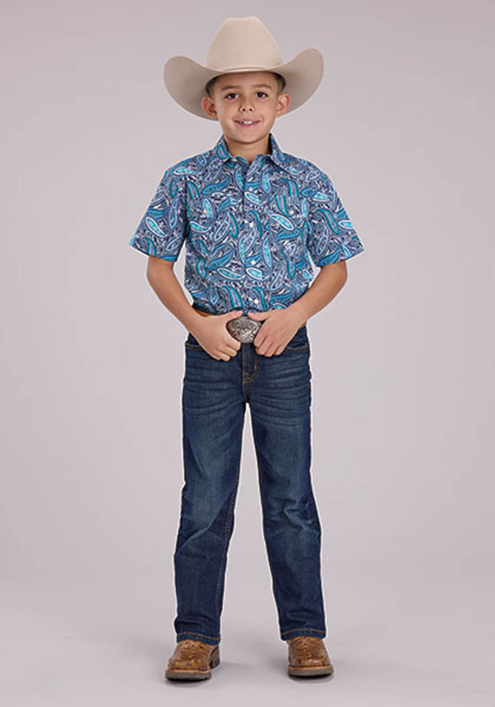 BOYS BLUE SKY PAISLEY SHORT SLEEVE SNAP WESTERN SHIRT