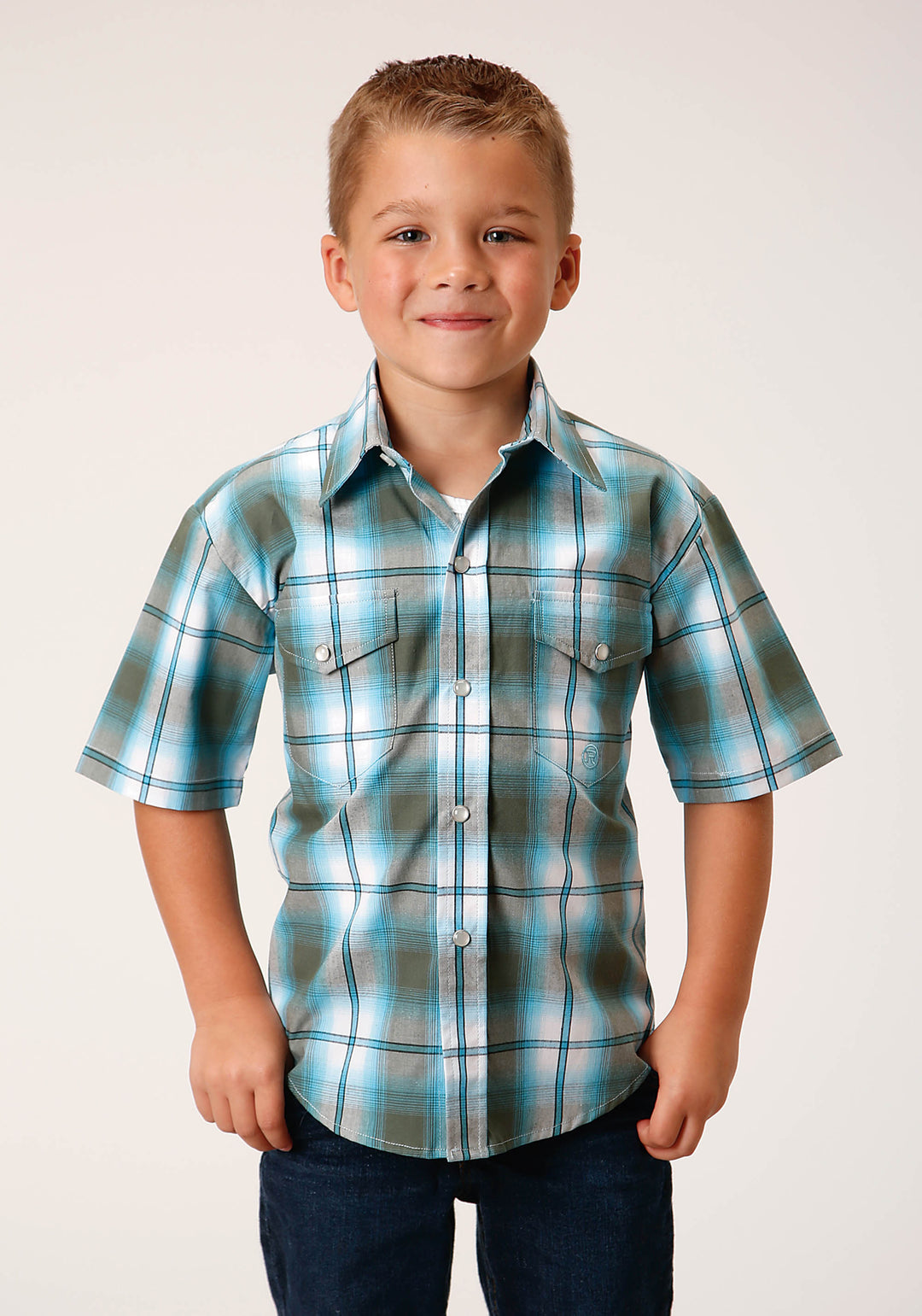 BOYS SHORT SLEEVE SNAP MEADOW PLAID WESTERN SHIRT
