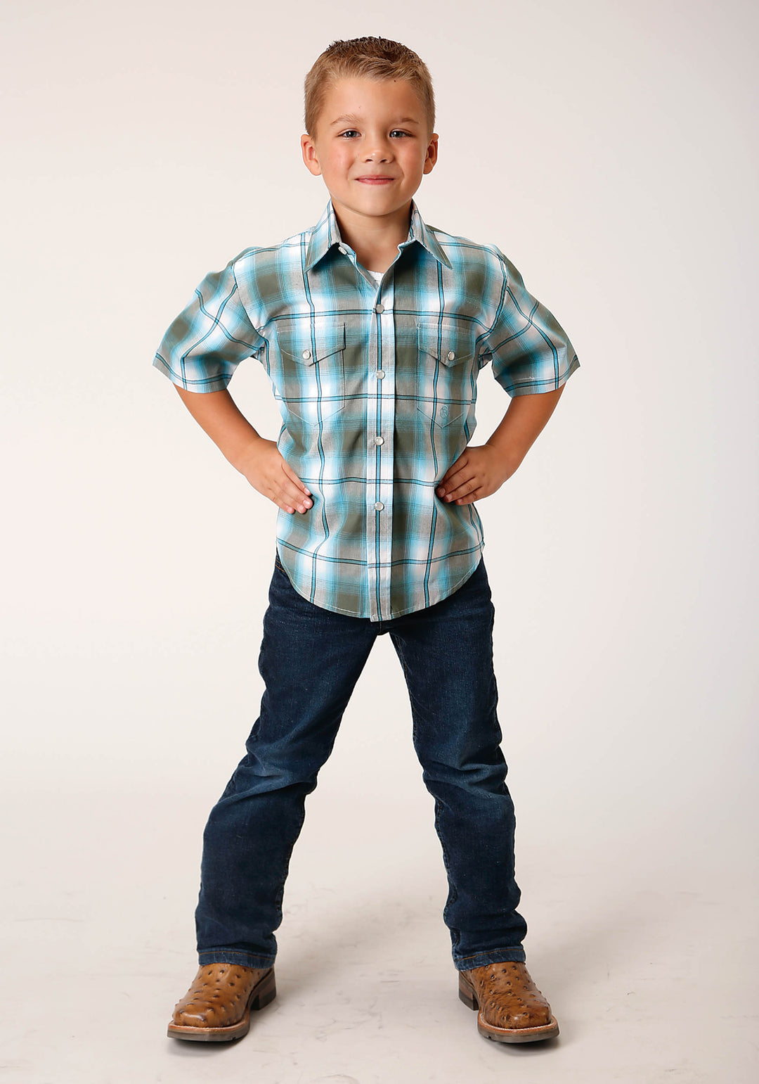 BOYS SHORT SLEEVE SNAP MEADOW PLAID WESTERN SHIRT