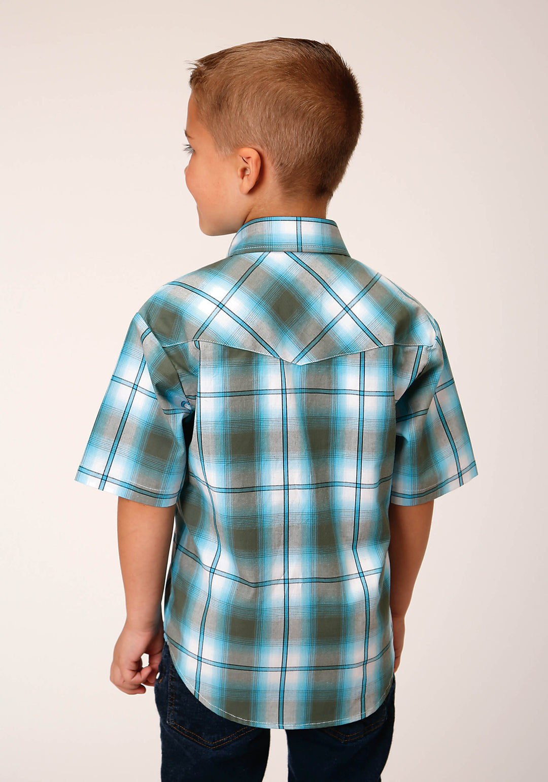 BOYS SHORT SLEEVE SNAP MEADOW PLAID WESTERN SHIRT
