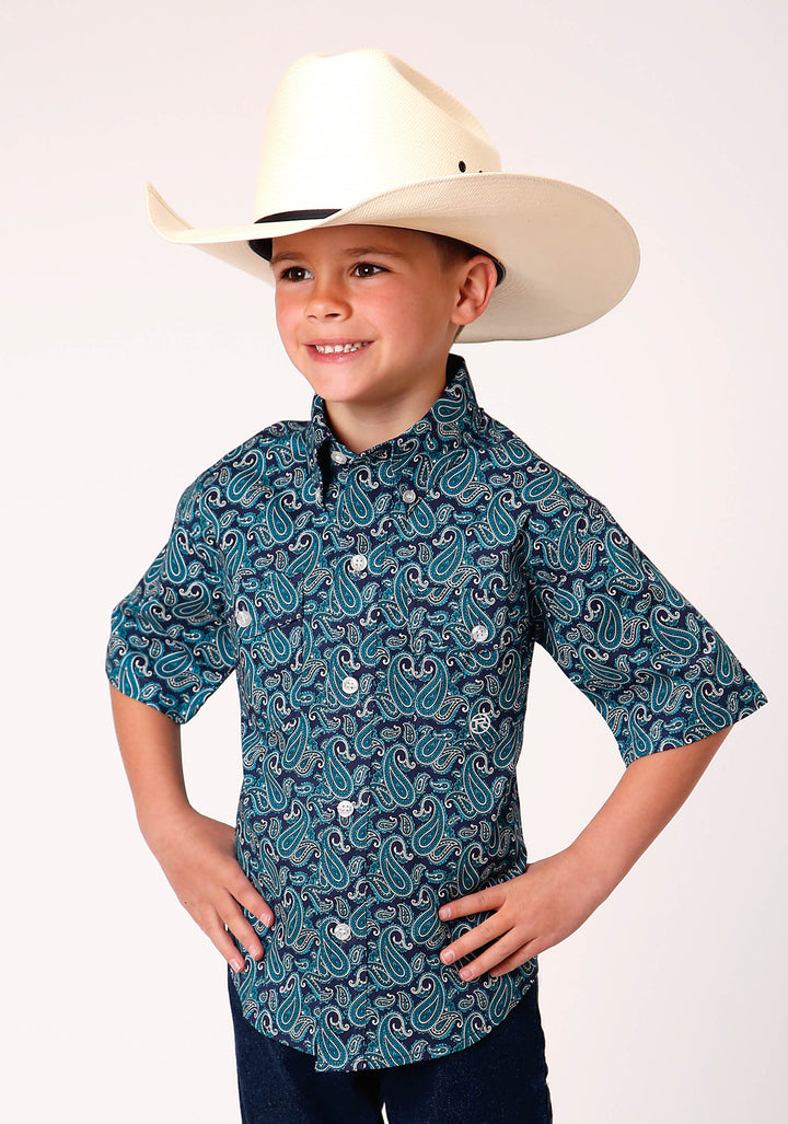 BOYS SHORT SLEEVE BUTTON PURPLE SAGE PAISLEY WESTERN SHIRT