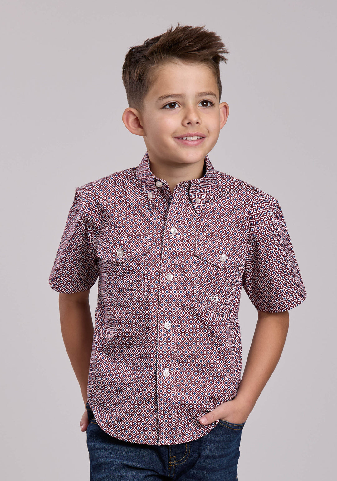 BOYS ROPER RED TILE FOULARD SHORT SLEEVE BUTTON SHIRT