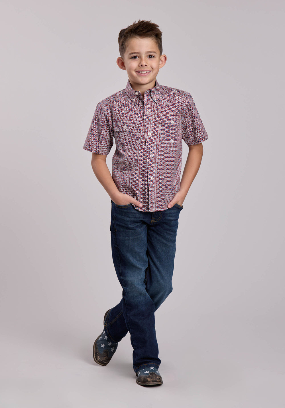 BOYS ROPER RED TILE FOULARD SHORT SLEEVE BUTTON SHIRT