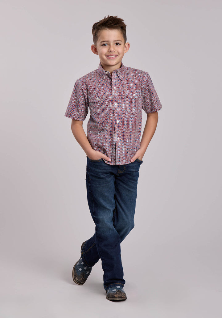 BOYS ROPER RED TILE FOULARD SHORT SLEEVE BUTTON SHIRT