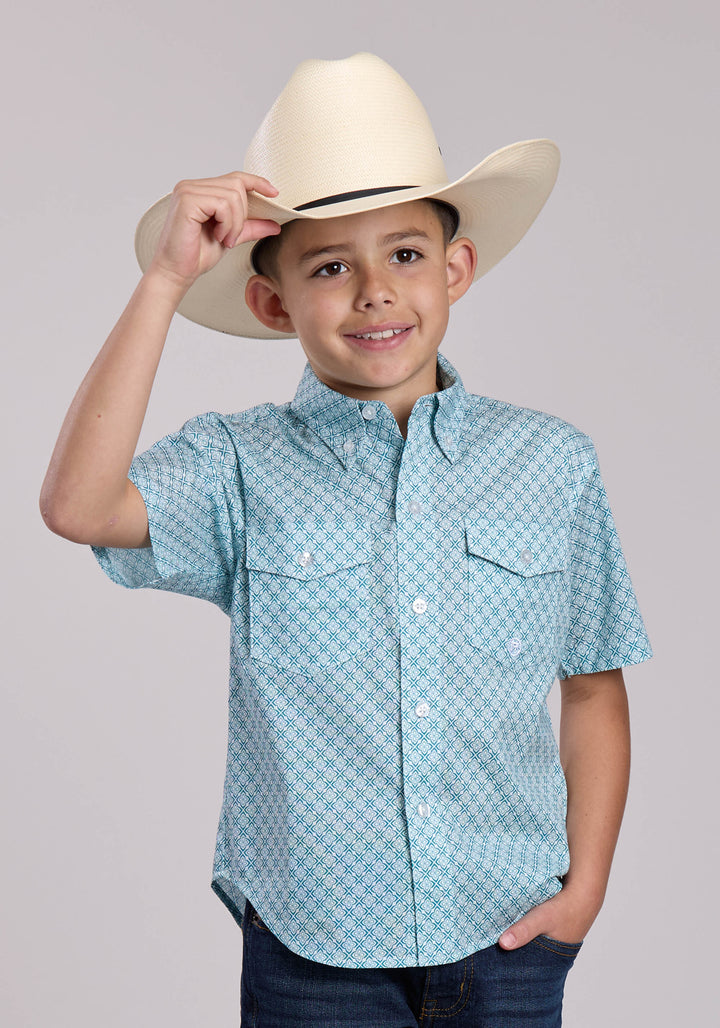 BOYS ROPER STRETCH FOUR POINT FOULARD TEAL SHORT SLEEVE BUTTON SHIRT