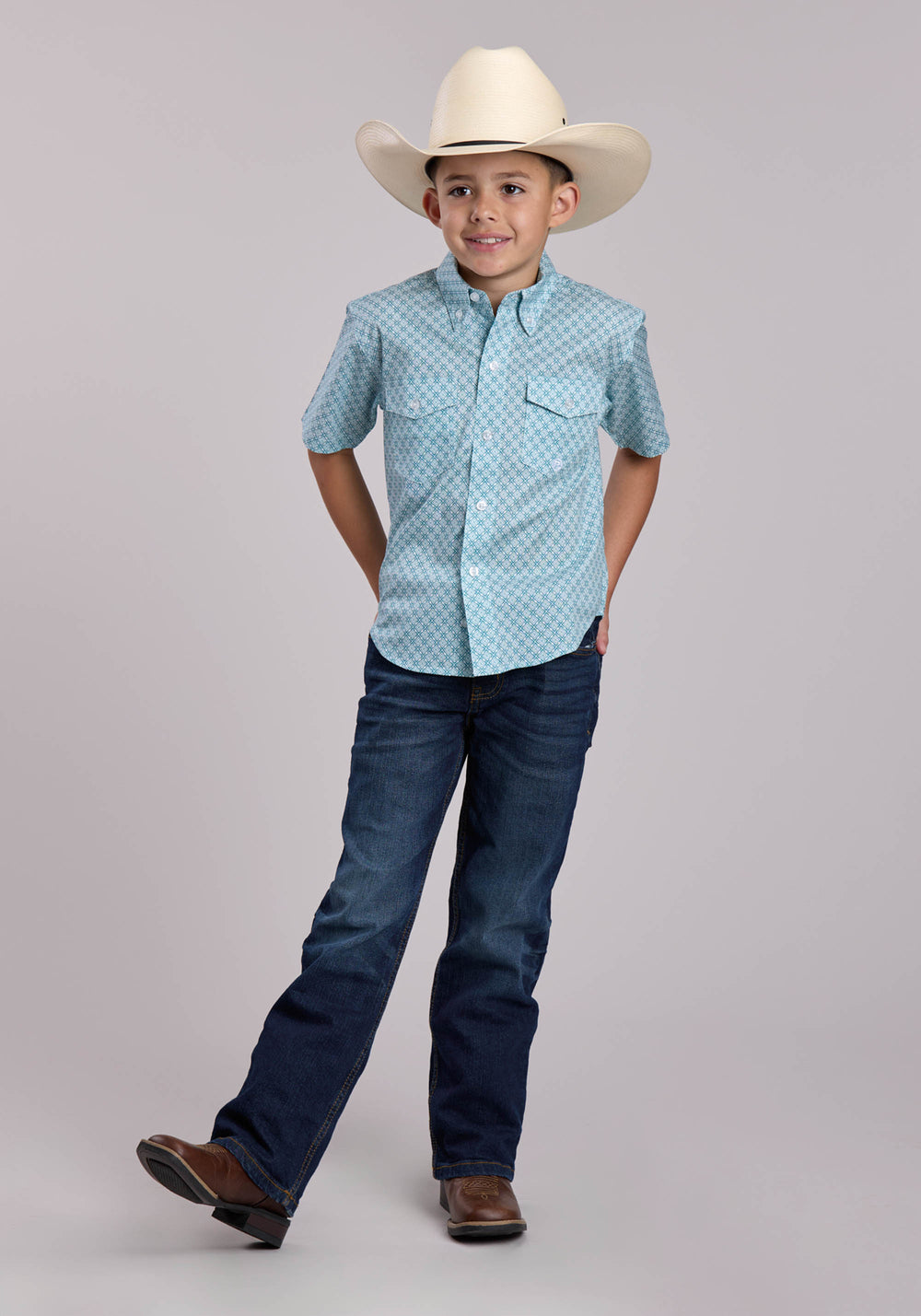 BOYS ROPER STRETCH FOUR POINT FOULARD TEAL SHORT SLEEVE BUTTON SHIRT