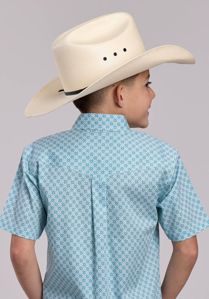 BOYS ROPER STRETCH FOUR POINT FOULARD TEAL SHORT SLEEVE BUTTON SHIRT