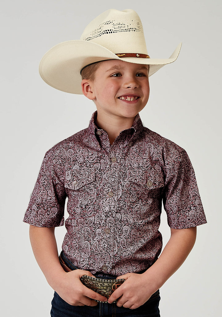 BOYS SHORT SLEEVE BUTTON STRETCH POPLIN RED PAISLEY WESTERN SHIRT