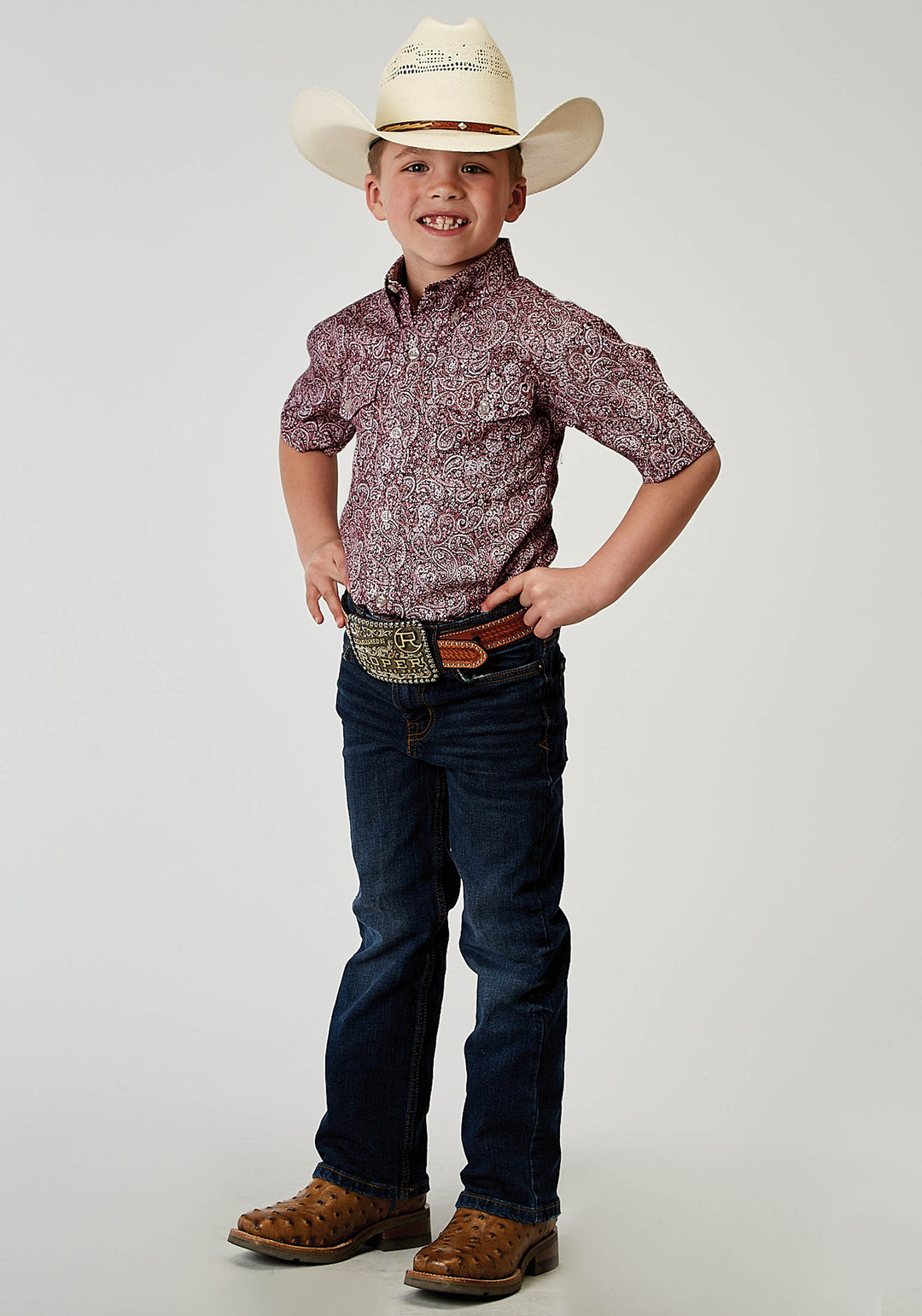 BOYS SHORT SLEEVE BUTTON STRETCH POPLIN RED PAISLEY WESTERN SHIRT
