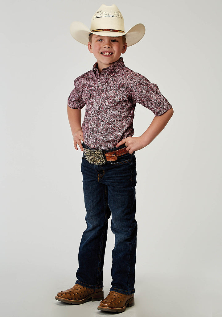 BOYS SHORT SLEEVE BUTTON STRETCH POPLIN RED PAISLEY WESTERN SHIRT