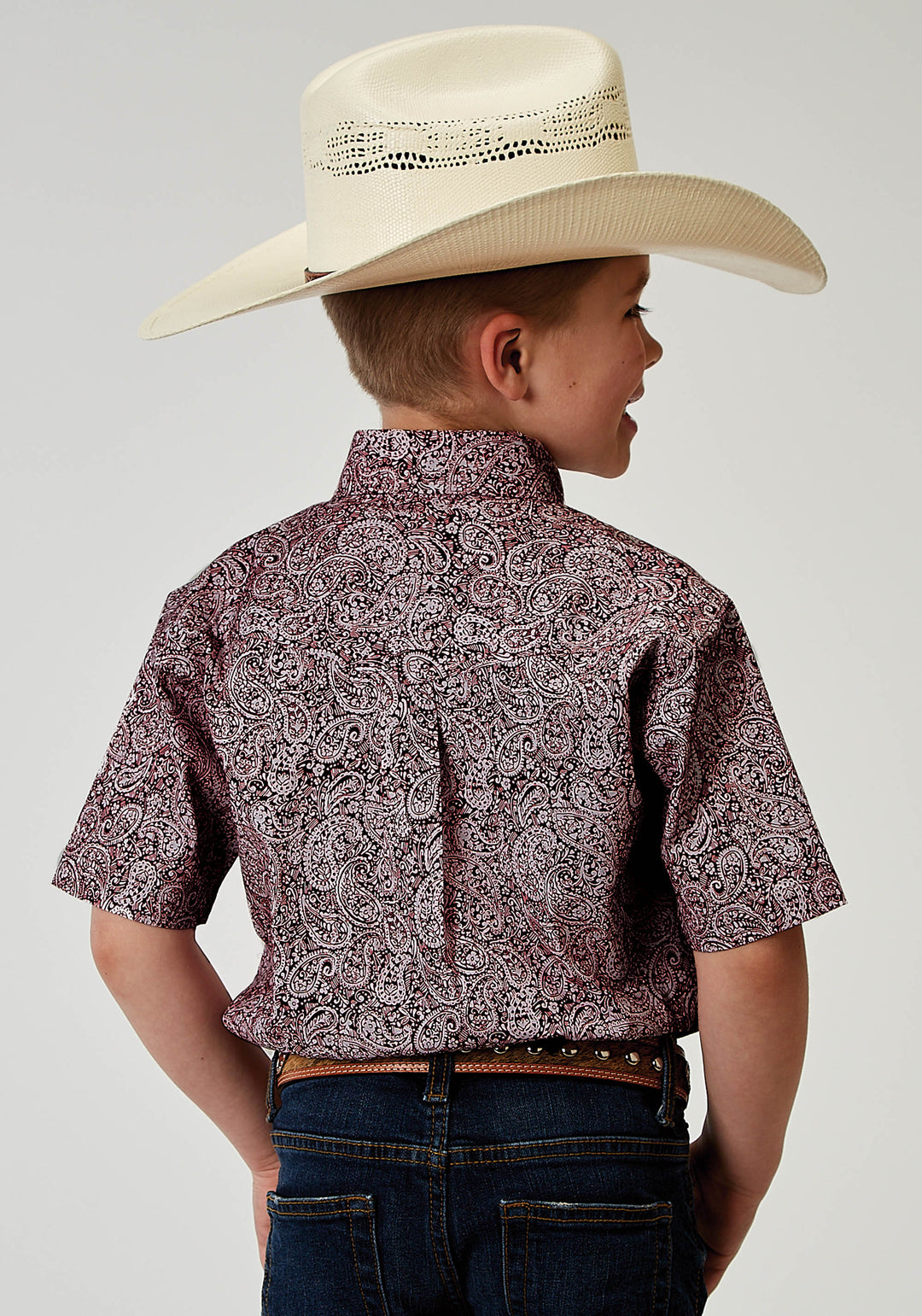 BOYS SHORT SLEEVE BUTTON STRETCH POPLIN RED PAISLEY WESTERN SHIRT