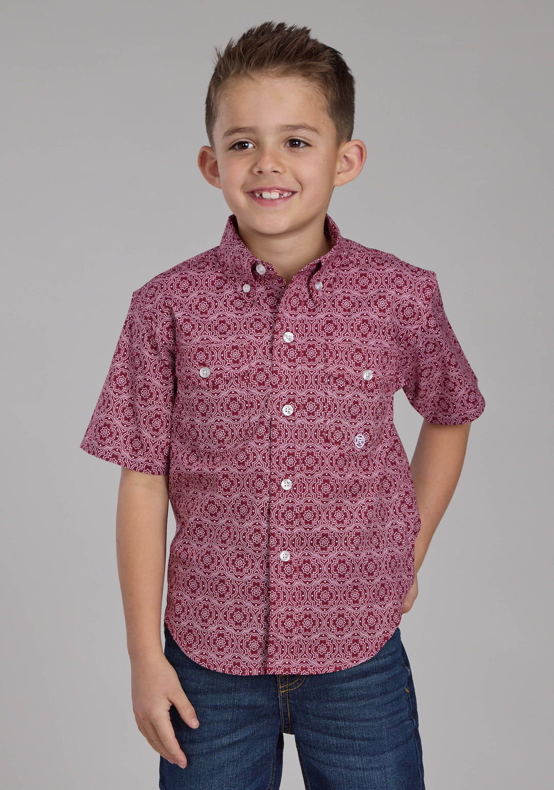 BOYS STRETCH MEDALLION PAISLEY - RED SHORT SLEEVE BUTTON WESTERN SHIRT