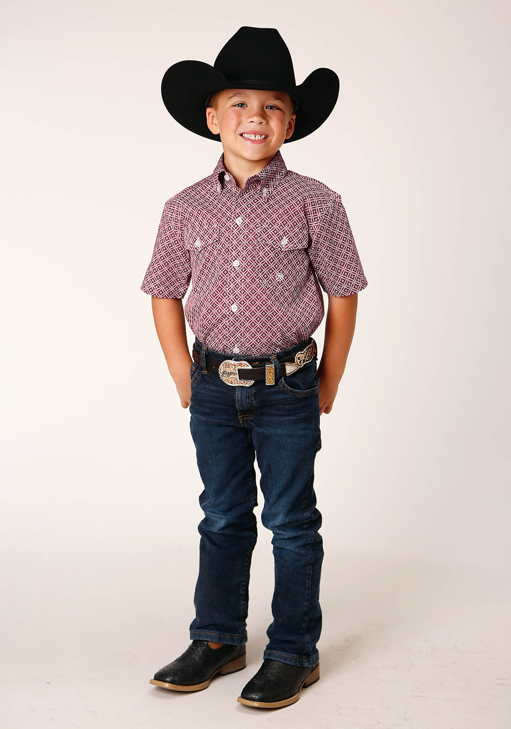 BOYS SHORT SLEEVE BUTTON RED DIAMOND FOULARD WESTERN SHIRT