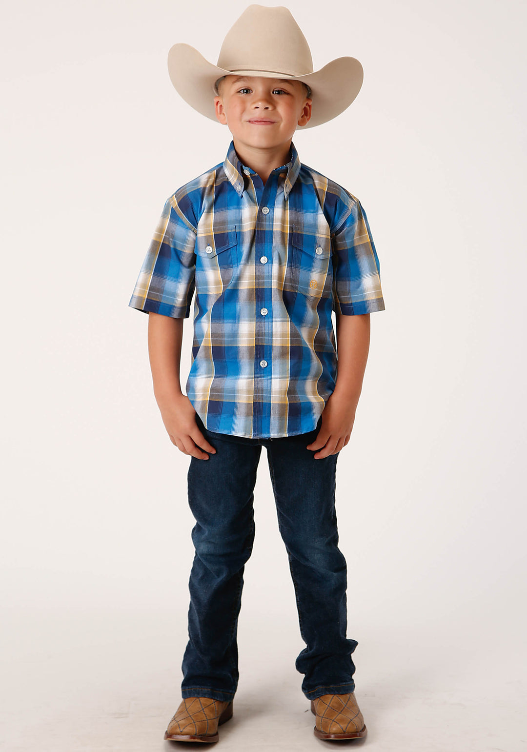 BOYS SHORT SLEEVE BUTTON CLEAR SKY PLAID WESTERN SHIRT