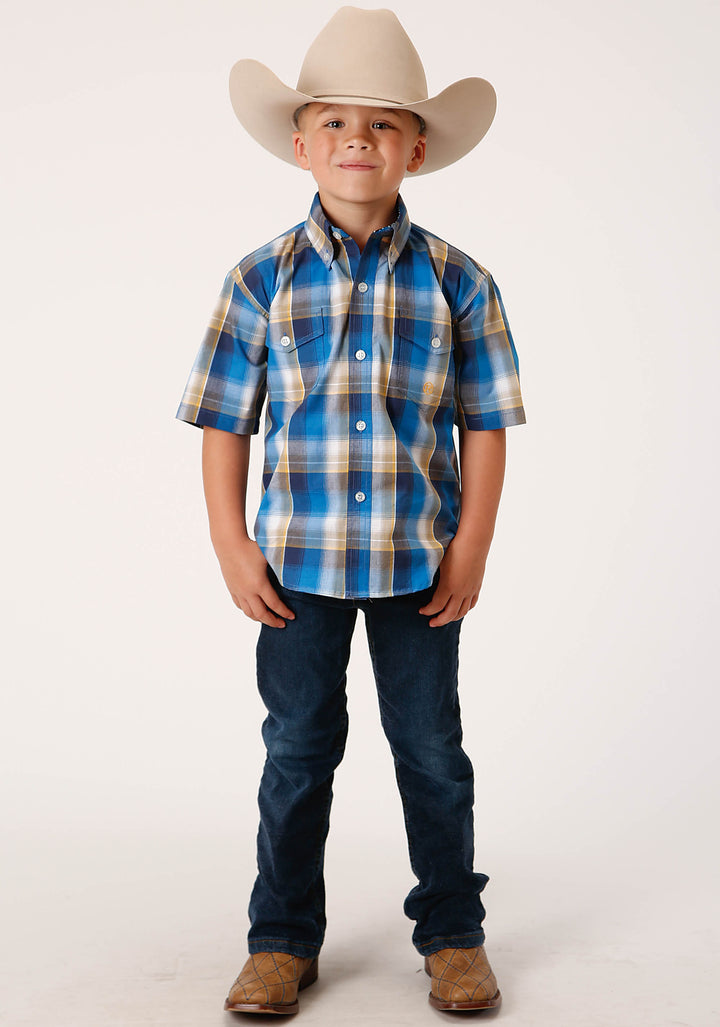 BOYS SHORT SLEEVE BUTTON CLEAR SKY PLAID WESTERN SHIRT