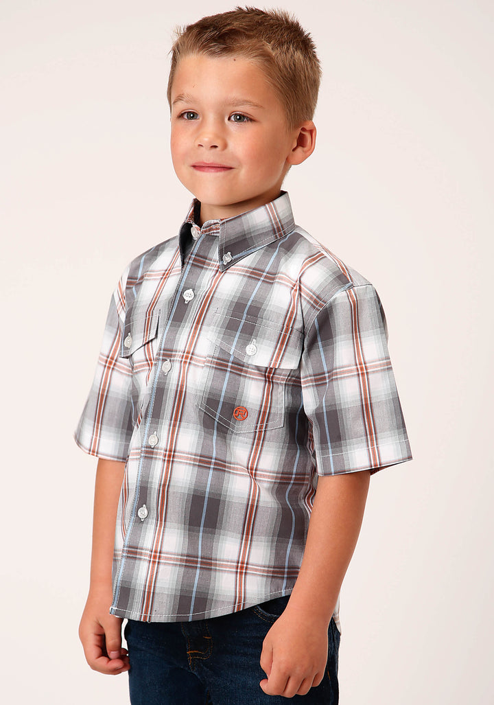 BOYS SHORT SLEEVE BUTTON SMOKEY PLAID WESTERN SHIRT